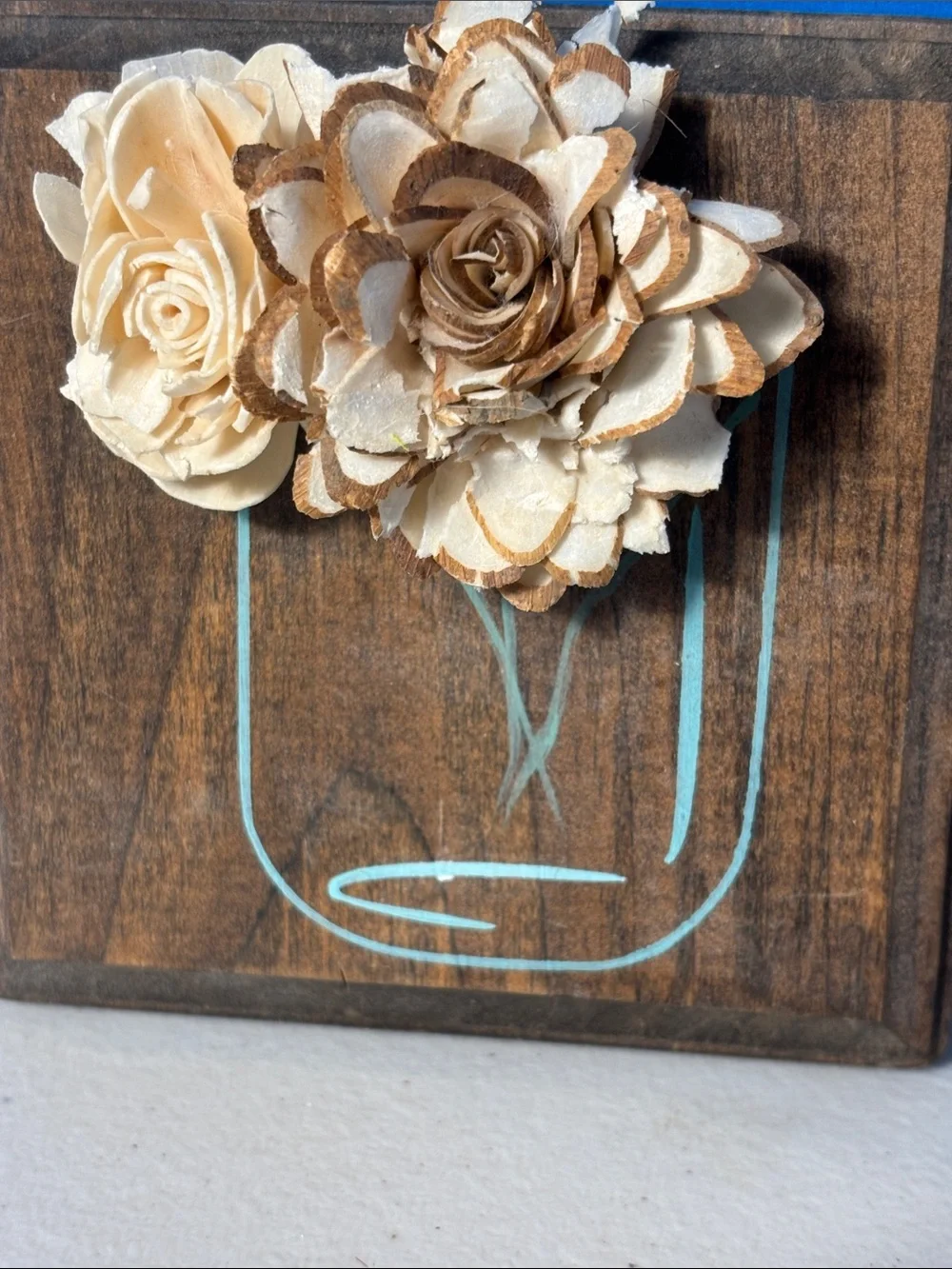 Rustic Handcrafted  Wood Cream Flower Mason Jar Wall Art Plaque Farmhouse Decor